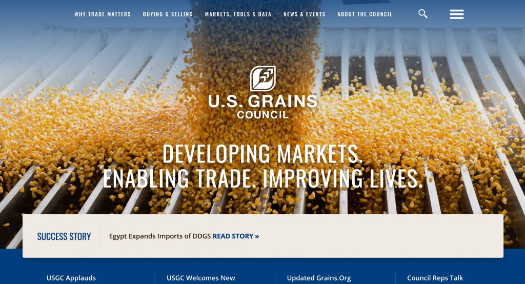 Screenshot of the first part of the the grains.org homepage