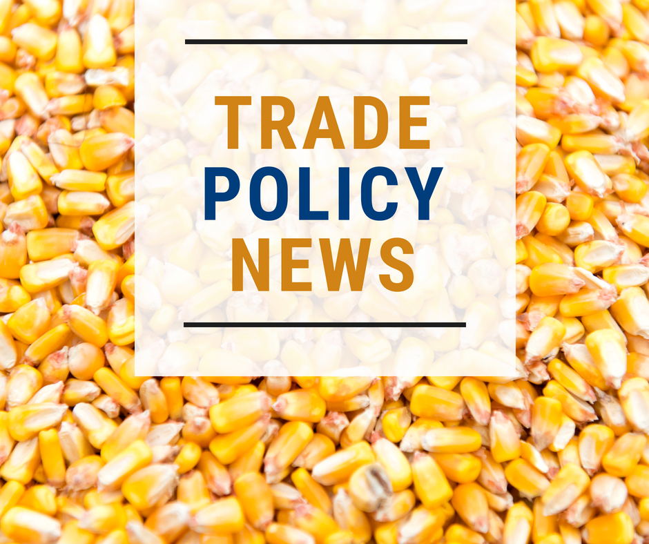 Trade Policy News In Front of Corn Kernels graphic