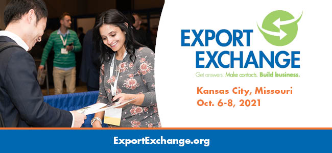 Man Handing Woman Paper Next to Export Exchange Meeting Advertisement