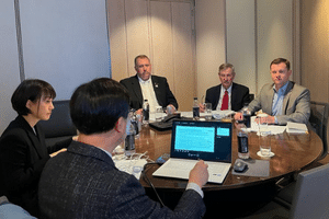 Pictured from left to right, USGBC Chairman Chad Willis, USGBC Past Chairman Jim Raben and USGBC President and CEO Ryan LeGrand received a market briefing from USGBC Korea staff members, Youngjin Lee, USGBC administrative manager, and Haksoo Kim, USGBC director in Korea.
