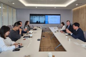 Two groups of people talking across a table